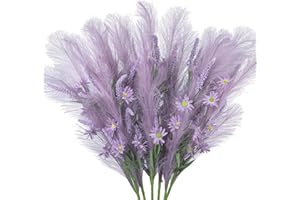 JOENCOST 6Pcs Faux Pampas Grass with Daisy Flowers, Artificial Pompas Grass Bouquet Ear of Wheat, Fake Tall Pampas Grass Reed for Living Room Wedding Party Decoration (Purple)