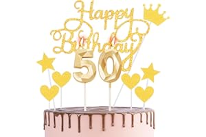 HONGCI Happy 50th Birthday Cake Topper & Candles - Gold Number 50 for Cake Decorations - Cupcake Topper for Women, Her, Men, Him - Gold
