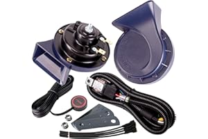 FARBIN Horn 12V Car Horns Loud Dual-Tone Waterproof Auto Horn Electric Snail Horn Kit with Relay Harness and Switch Button,Universal for Any 12V Vehicles (Blue horn with wire harness and button, 12v)