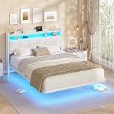 AOGLLATI Double Bed 140 x 200 cm with Levitating Visual Effect, Bed Frame with LED and Charging Station, Bed with Padded Head