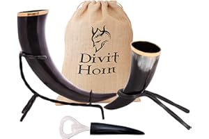 Divit Horn Corne de Viking pour Boire, Coup de Corne, ouvre-Bouteille (Ensemble de 3 pièces) | Authentique Corne médiévale pour Boire de la bière | Sac Cadeau en Lin Inclus. (16 oz, Naturel, Poli)