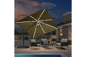 PURPLE LEAF Parasol Déporté 3 x 3 m Carré avec LED Solaire, Parasol de Jardin Extérieur Inclinable avec Protection UV et Rotation à 360°, Kaki