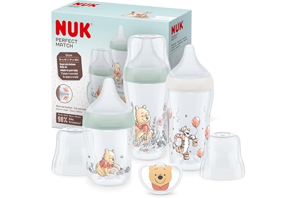 NUK Perfect Match Set de biberons | 0-6+ mois | S’adapte au palais de bébé | 3 biberons anti-coliques et tétine Space | Disney Winnie l’Ourson | 4 pièces