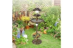 GYMAX Bird Bath and Feeder Station, 4 in 1 Weatherproof Bird Feeding Table with Solar Powered Light, Flower Planter and Fillable Stand, Freestanding Birdbaths for Outdoor Hotel Garden (Antique Bronze)