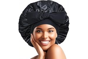 DROKENLE Satin Bonnet Silk Bonnet for Sleeping Women Hair Bonnet Night Sleep Cap Satin Hair Bonnets with Tie Band Large Size Hair Cap for Thick Curly Hair Braid (Black)