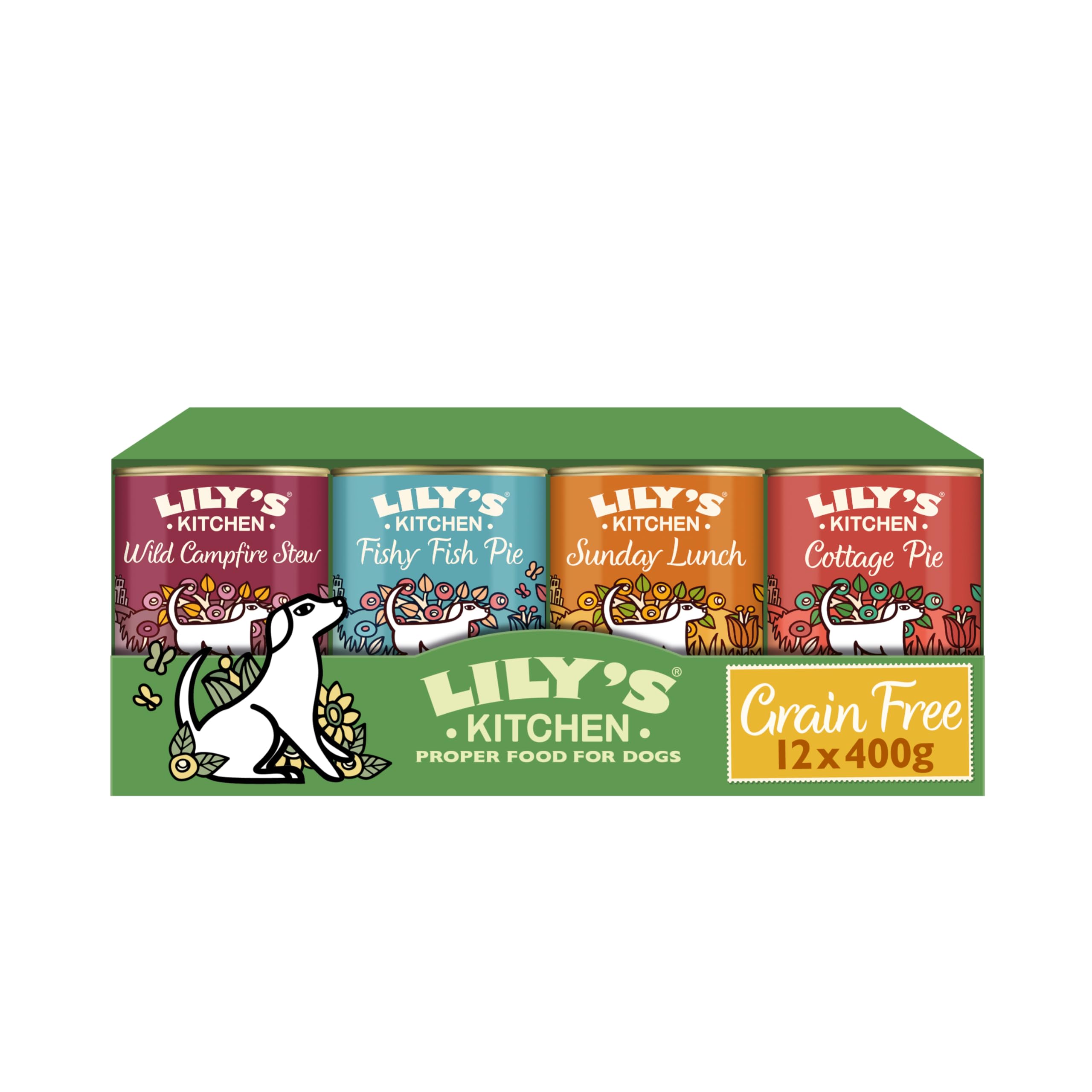 Lily’s Kitchen Alimento húmedo natural para perros adultos: paquete de 12 latas variadas de 400 g de nuestras recetas sin cereales