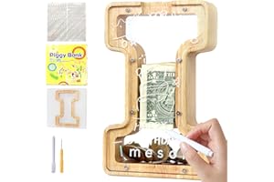 Lakpopya Salvadanaio in Legno per Bambini Salvadanaio Lettre Personalizzato di A-Z Salvadanaio Apribile Trasparente per Decorazione Regalo Battesimo (I)