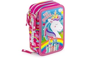 Julian Ross Unicornio The Queen Estuche Triple Lleno Niña, 45 Accesorios Escuela Primaria, 20 Centímetros, Pegamento en Barra, 3 Cierres, Compartimentos Organizados