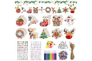 Muyohix Set di 60 Decorazioni Natalizie in Legno da Dipingere, 12 Stili di Ciondoli Natalizi Fai-da-te per Bambini, con Pennarelli, Spago di Iuta e Campanelle, Decorazioni per l'albero di Natale