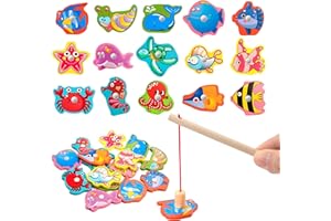 Wisplye Jeu de Pêche Magnétique pour Enfants, Jouet de Canne à Pêche en Bois Identifiez Les Créatures Marines Montessori Educatif Jouets pour Garçons et Filles 2 3 4 Ans
