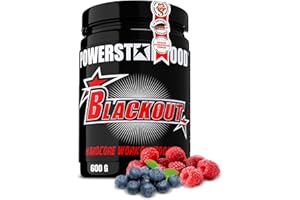 ‎POWERSTAR FOOD Powerstar BLACKOUT Hardcore Pre-Workout-Booster 600g | Hochdosierter Pump-Booster mit natürlichem Koffein | Fitness, Energie & Fokus | Deutsche Herstellung | Vegan | Blue Raspberry Trainingsbooster