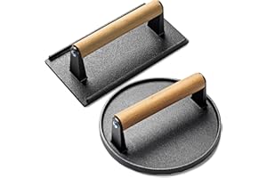 Houbobo Smash Burger Press Set, Heavy Duty Cast Iron 18cm Round & 21X11cm Rectangle Meat Press, Wooden Handle, Hamburger Smasher Tool for Grill, Griddle and Nonstick Pan