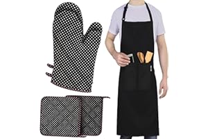 LEFUNDA® Set di 5 con 2 Guanti da Forno e 2 Presine, 1 grembiule da cucina, Cotone, Resistenti al Calore, Guanti da Griglia, AntiscivoloPresine in Cotone per Arrostire, Cucinare, BBQ, Cuocere (Nero)