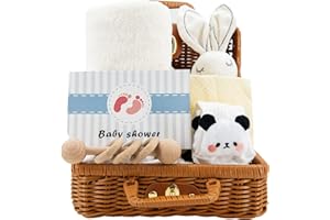 AMO NENES 7-in-1 Set de Regalo para Bebé Recién Nacido, Niños Niñas Personalizados Cesta para Baby Shower, con Bebe Muselina, Babero Bandana, Sonajero, Toalla de baño, Manta de seguridad, Calcetines, Blanco