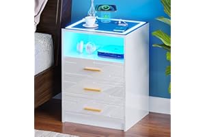 Lvifur LED Comodino con Stazione di Ricarica Wireless,Intelligente Comodini Lucido con Touch Screen,tavolino con 3 Cassetti e Ricarica USB/Tipo-C per Soggiorno