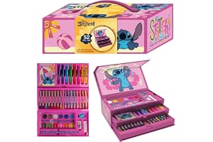 Disney Stitch Konstsats Rosa för Barn | Pappersvaror 52-delar med Målarpennor, Färgpennor, Kritor och Mer