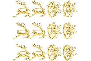 Homotte Gold Christmas Napkin Rings Set of 12, Christmas Reindeer and Snowflake Napkin Holders for Thanksgiving Table Decorations, Christmas Banquet, Daily Receptions