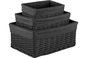 Innoteck Essentials Set of 3 Wicker Storage Baskets with Lining - Decorative Kitchen Bathroom Hamper - Portable Basket with Washable Cloth Liners - Ideal for Home/Office & Gifts Hamper (Black)