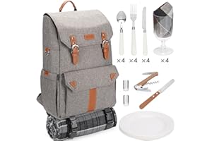 HappyPicnic Isolierter Picknickrucksack mit geräumigem Kühlfach, Flaschenhaltern und großem wasserdichtem Picknick-Teppich (M mit komplettem Geschirrset)