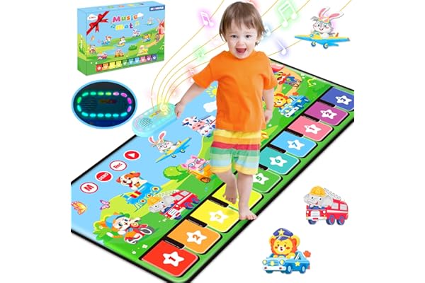 MOMUSE Tapis Musical 1 an avec 80 Sons, Grand Piano Enfant avec 10 Animaux et 10 Voitures, Lumière Douce, Réglage du Volume à 10+ Niveaux, Jouet Bebe 1 an Cadeau Garçons Filles 1 2 3 Ans (110cm*45cm)