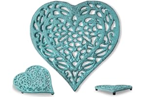 COMFIFY Cast Iron Heart Trivet - Decorative Cast Iron Trivet For Kitchen Or Dining Table - Vintage, Rusted Design - 6.75X6.5" - With Rubber Pegs/Feet - Recycled Metal - Blue