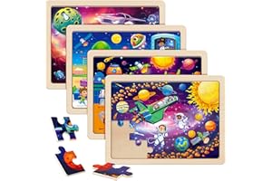 SYNARRY Wooden Space Jigsaw Puzzles for Kids Ages 3 4 5 6, 4 Packs 24 Piece Solar System Planets Puzzles, Educational Games for Children, Space Toys Gifts for 3 4 5 6 Year Old Boys Girls