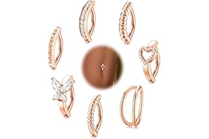 Kakonia 7pcs Anneau De Nombril Acier Chirurgical 14G Clicker Femmes Anneau De Nombril Cz Coeur Papillon Nombril Piercing Simple Inverse Anneau De Barbell Nombril Corps Piercing Bijoux