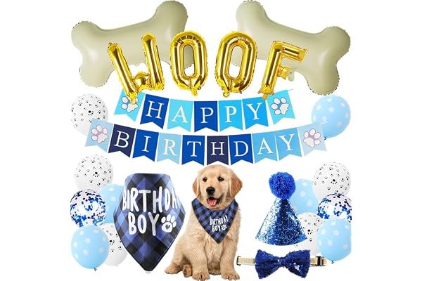 KUTKUT Dog Birthday Party Supplies, Blue Boy Dog Bandana Hat Scarfs Flag Bowtie Birthdays Banner Paw Balloons Bone Foil Balloons for Boy Dogs Birthday Party Decorations.