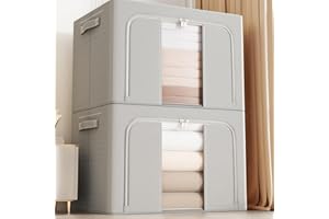 UWENKJIE Foldable 100L Large Storage Boxes (2-Pack Set) ，Steel Frame with Oxford Fabric，Water-Resistant ，Dual Zippered Access with Clear Window ，Capacity for Clothing, Bedding & Household Items(Light Gray）