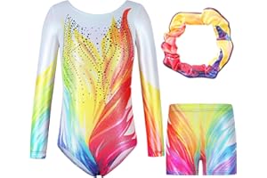 Hovershoes Gymnastics Leotards for Girls Three-Piece Set, Long Sleeve/Sleeveless Leotards with Shorts and Hairband Sparkly Ballet Dance Unitards Gymnastics Outfits Athletic Dancewear for Kids
