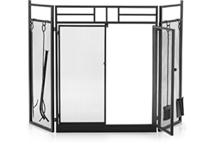 GiantexUK 3-Panel Folding Fireplace Screen, 5-Piece Freestanding Fire Protector Spark Guard with Tools Set and Magnetic Hinged Doors, Wrought Iron Decorative Mesh Cover for Baby Pet Family, Black