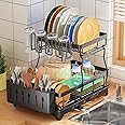 Dish Drying Rack - 2 Tier Dish Drying Rack and Drainboard for Apartment Kitchen Counter, Large Capacity Dish Drainer Organizer Kitchen Rack with Utensil Holder and Cup Rack, Black