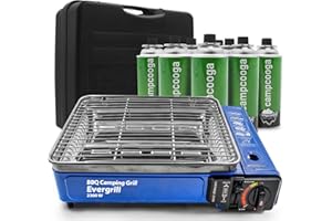 ANGEL DOMÄNE Camping Gasgrill Evergrill mit 8 Gaskartuschen (MSF-1A) & Transportkoffer | Campinggrill Gasgrill BBQ Barbeque Tischgrill Butangas Reisegrill Festival Gaskocher