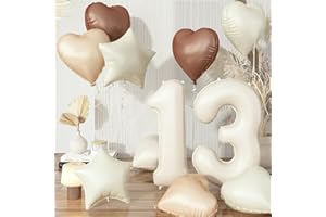 GOVPY Cream 13 Balloons Decor, Beige Nude Apricot Brown Tan Foil Star Heart Balloons, 40'' White Sand Helium Neutral Number 13 Balloon for Girls 13th Birthday Wedding Anniversary Party Decoration Supplies