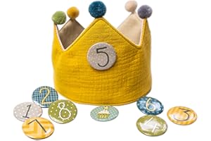 Papierdrachen Geburtstagskrone Musselin mit Zahlen - für den Kindergeburtstag - Krone aus Musselinstoff mit Button Zahlen von 1-8 | Party Deko Hut für Jungen & Mädchen