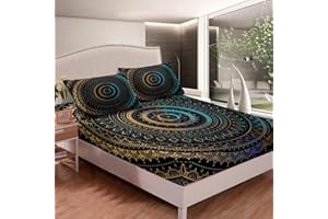 Loussiesd Boho Mandala Bedding Set Bohemian Style Fitted Sheet For Children Adults Chic Hippie Mandala Bed Sheet Set Luxury Exotic Floral Bed Cover Bedroom Decor 3Pcs Double Size