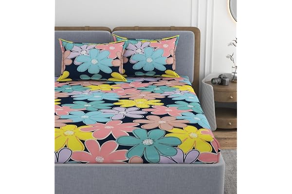 VOMZER 300 Tc Cotton Feel All Around Elastic Fitted Bedsheets King Size, Premium Elastic Fitted King Size Bed Sheet For Double Bed With 2 Pillow Covers, Size- 78" X 72" (Multi Flower)