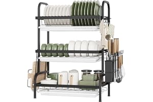 NETEL 3-poziomowy ociekacz do naczyń, ociekacz do naczyń z tackami ociekowymi, uchwyt na deskę do krojenia, uchwyt na sztućce, kubek, kosz na naczynia, czarny