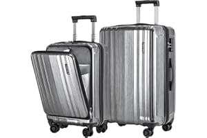 TydeCkare Luggage Set 2 Piece 20/24, 20" with Front Pocket & 24" Luggage Expandable, ABS+PC Suitcase with Spinner Wheels, TSA Lock, with YKK Zipper, Silver Grey