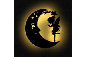 ‎NAMOFACTUR Wandlampe Fee auf Mond I Nachtlicht Schlummerlicht Kinderzimmer Kinder Mädchen Junge I MDF Holz Batteriebetrieb