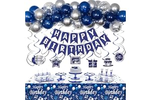 YOUERLS Birthday Decoration, Blue and Sliver Birthday Decorations for Men Women,Birthday Party Decorations for Boys Girls, Happy Birthday Banner Balloons with Table Cloths,Hanging Swirls Decorations