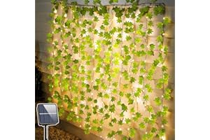 Joycome Cadena de luces solares para exteriores, 12 m, 100 ledes, 8 modos, hiedra artificial con cadena de luces IP65, resistente a la intemperie, hojas solares, para balcón, jardín, terraza,
