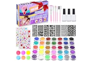 ‎YUEONEWIN Glitzer Tattoo Set Kinder, Glitzertattoos Mädchen Temporäres, 41 Farben Glitzerpulver 215 Strasssteine 204 Schablonen 3 Kleber 5 Pinsel Wasserdichte Tattoos für Partys Geschenk für Kinder Weihnachten