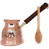 DEDE Copper - IST Serisi (XLarge-16,9 floz) - Ahşap Saplı En Kalın Katı Bakır Oyma T&uuml;rk Yunan Arap Kahve Demliği, Ocak &Uuml;st&uuml; K