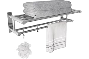 Eridanus Estante de Toallas, Toallero Doble de Acero Inoxidable SUS304 de Pared, Estantería de Almacenamiento para Baño con Barras y Ganchos(60x22,5x16cm)