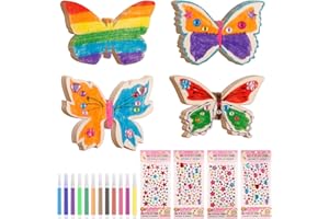 BESTOMROGH 40 Stück Schmetterlinge Deko Kindergeburtstag Basteln, DIY Schmetterling Bastelset 24 Stück Schmetterlingsholzspäne 4 Diamantaufkleber 12 Farben-Aquarellstift für DIY Geburtstag Handwerk