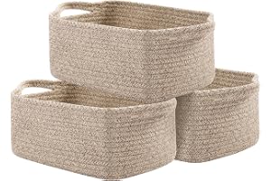 OIAHOMY Cotton Rope Baskets, Woven Baskets for Storage, Nursery Storage Baskets, Rectangle Storage Basket with Handles, Storage Baskets for Shelves, Pack of 3, Brown Variegated