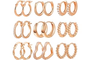 ALEXCRAFT Ohrringe Creolen Set, 9 Paar 14k Echt Vergoldete Creolen Kleine für Damen Knorpel Huggie Creolen mit AAAAA Zirkonia Twist Herz Oval Ohrringe für Mehrere Ohrlöcher, Gold/Silber/Roségold