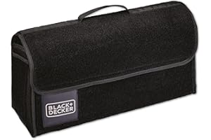 BLACK+DECKER Kofferraum Organizer - Auto Organizer 55 x 15 x 23 cm - Auto Zubehör Innenraum mit 1 Großem Fach und 2 Einstecktaschen - Mit Klettverschluss - Schwarz