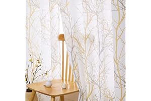 Fmfunctex Yellow Semi Sheer Voile Curtains 54 Drop Grey Eyelet Curtains for Bedroom Living Room Tree Branch Curtains Linen Textured Light Filtering Window Curtain Drapes for Dining Room 2 Panels